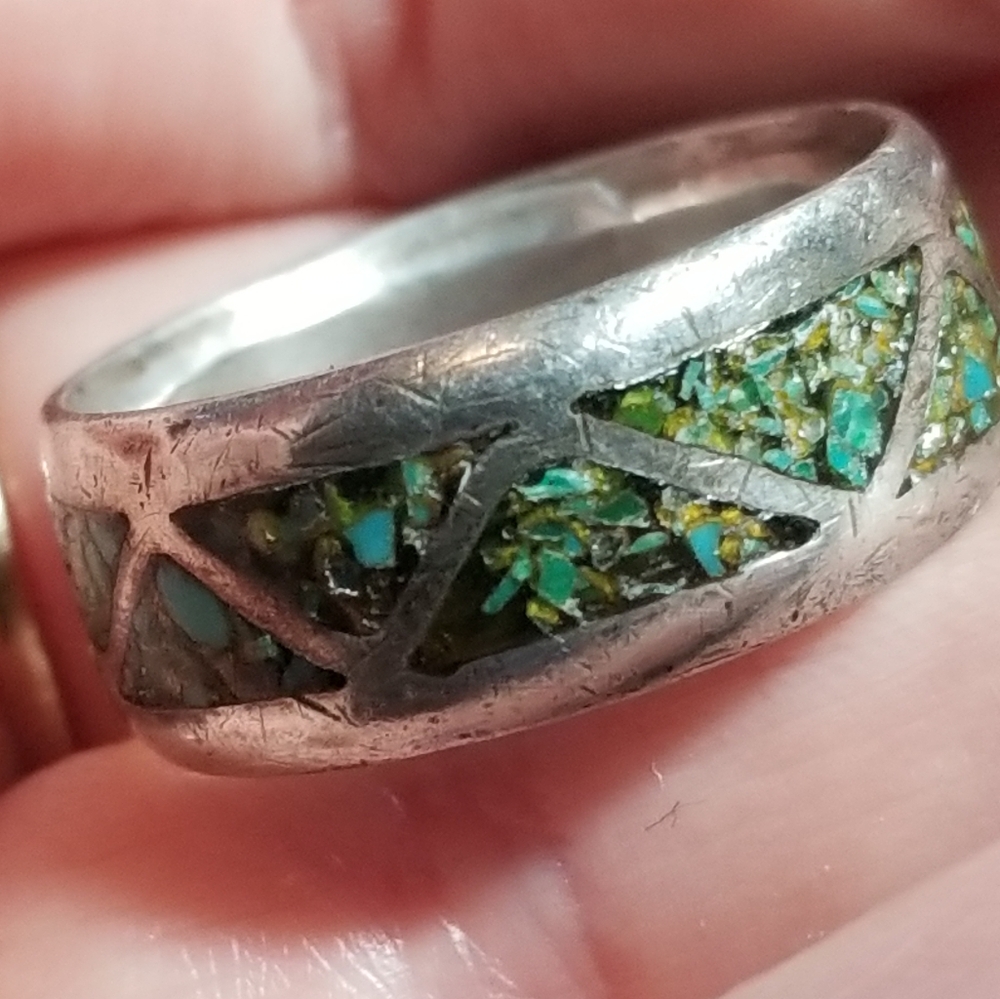 Relisted -vintage inlay ring crushed stone silver tone 8.75  8 3/4 - Picture 4 of 16